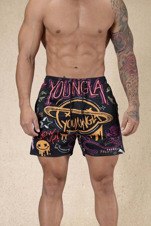 YoungLA 125 Graffiti Shorts Mustat | JTZIM0946